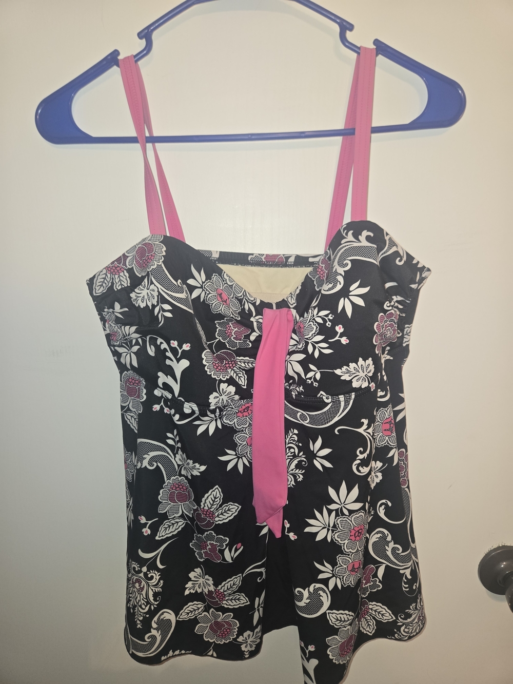 Floral Black & Pink Tank Top with Tie Accent